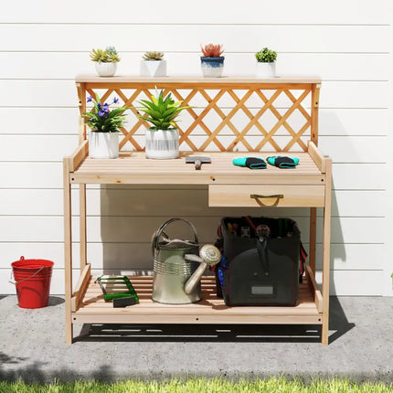 Garden Potting Bench Table Wooden Planting Workstation with Lattice Trellis - Potting Benches & Tables