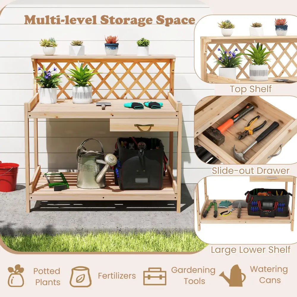 Garden Potting Bench Table Wooden Planting Workstation with Lattice Trellis - Potting Benches & Tables