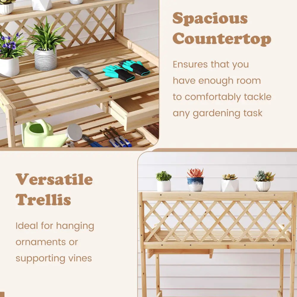 Garden Potting Bench Table Wooden Planting Workstation with Lattice Trellis - Potting Benches & Tables