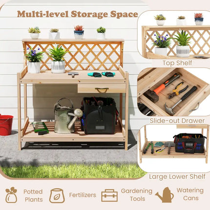 Garden Potting Bench Table Wooden Planting Workstation with Lattice Trellis - Potting Benches & Tables