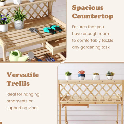 Garden Potting Bench Table Wooden Planting Workstation with Lattice Trellis - Potting Benches & Tables