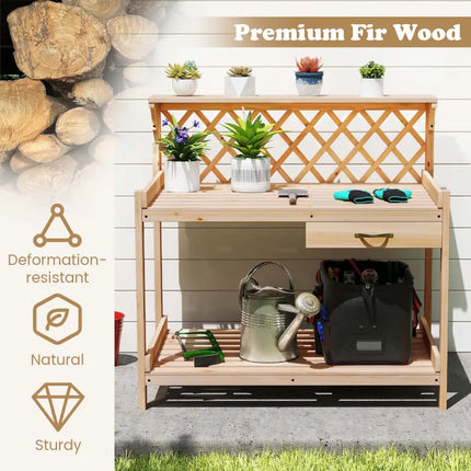 Garden Potting Bench Table Wooden Planting Workstation with Lattice Trellis - Potting Benches & Tables