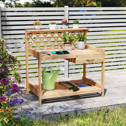 Garden Potting Bench Table Wooden Planting Workstation with Lattice Trellis - Potting Benches & Tables