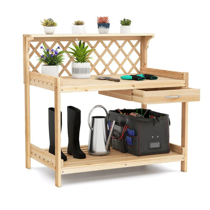 Garden Potting Bench Table Wooden Planting Workstation with Lattice Trellis - Potting Benches & Tables