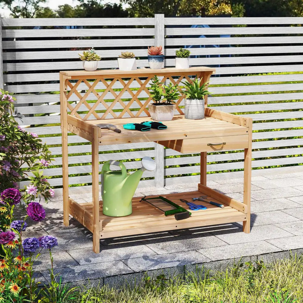 Garden Potting Bench Table Wooden Planting Workstation with Lattice Trellis - Potting Benches & Tables