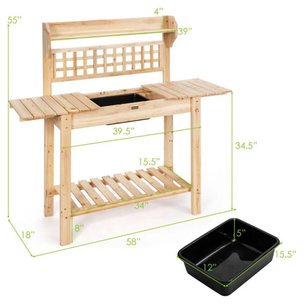 Garden Potting Bench Workstation Table with Sliding Tabletop Sink Shelves - Natural - Potting Benches & Tables