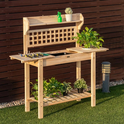 Garden Potting Bench Workstation Table with Sliding Tabletop Sink Shelves - Natural - Potting Benches & Tables