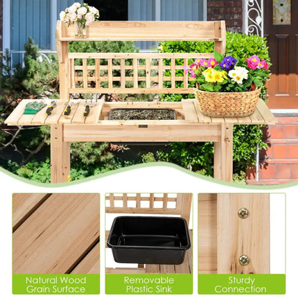 Garden Potting Bench Workstation Table with Sliding Tabletop Sink Shelves - Natural - Potting Benches & Tables