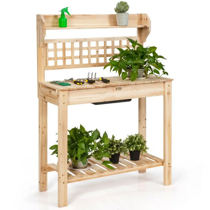 Garden Potting Bench Workstation Table with Sliding Tabletop Sink Shelves - Natural - Potting Benches & Tables