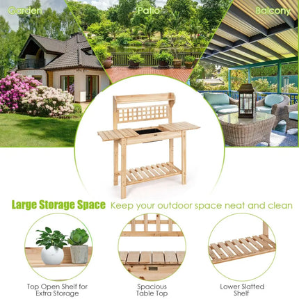 Garden Potting Bench Workstation Table with Sliding Tabletop Sink Shelves - Natural - Potting Benches & Tables