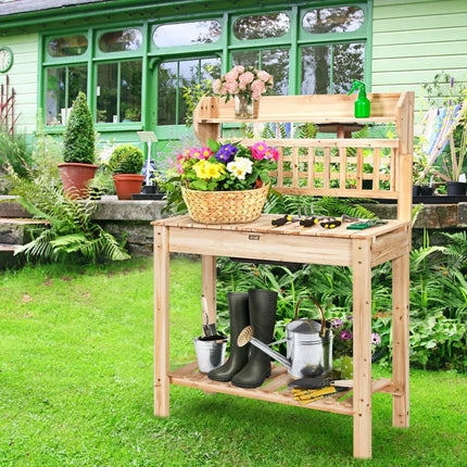 Garden Potting Bench Workstation Table with Sliding Tabletop Sink Shelves - Natural - Potting Benches & Tables