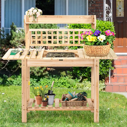 Garden Potting Bench Workstation Table with Sliding Tabletop Sink Shelves - Natural - Potting Benches & Tables