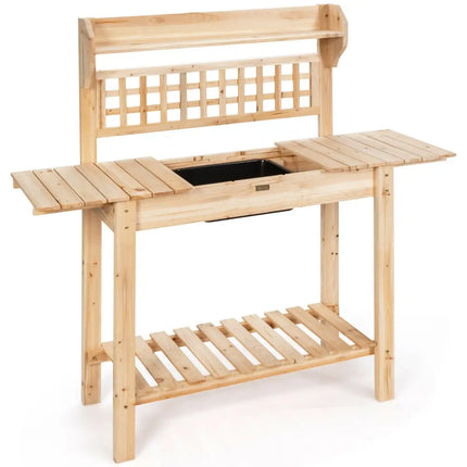 Garden Potting Bench Workstation Table with Sliding Tabletop Sink Shelves - Natural - Potting Benches & Tables