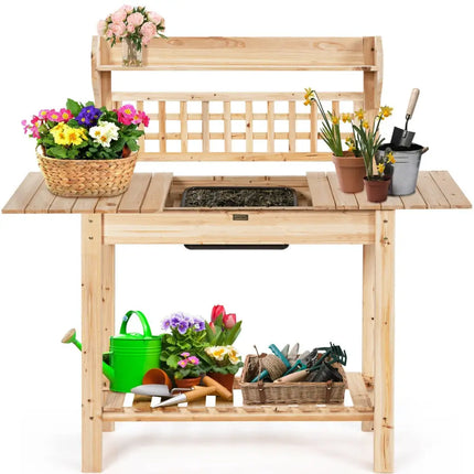 Garden Potting Bench Workstation Table with Sliding Tabletop Sink Shelves - Natural - Potting Benches & Tables