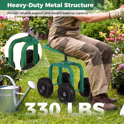Garden Rolling Workseat with 360°Swivel Seat and Adjustable Height-Green - Green - Garden Carts