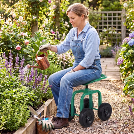 Garden Rolling Workseat with 360°Swivel Seat and Adjustable Height-Green - Green - Garden Carts