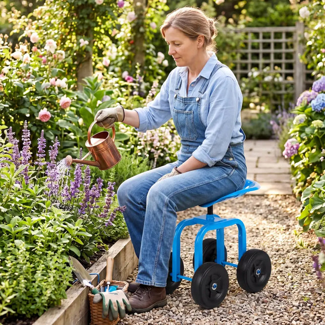 Garden Rolling Workseat with 360° Swivel Seat and Adjustable Height-Blue - Blue - Garden Carts