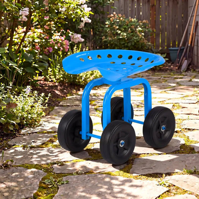 Garden Rolling Workseat with 360° Swivel Seat and Adjustable Height-Blue - Blue - Garden Carts