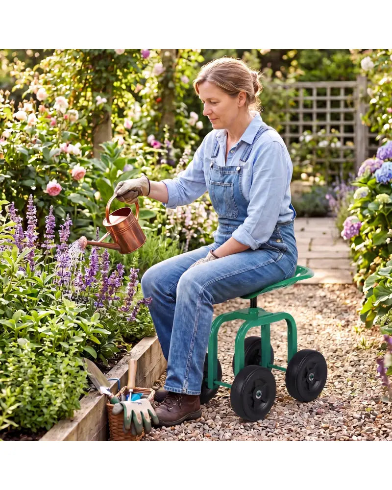 Garden Rolling Workseat with 360°Swivel Seat and Adjustable Height-Green - Green - Garden Carts