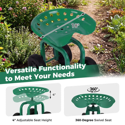Garden Rolling Workseat with 360°Swivel Seat and Adjustable Height-Green - Green - Garden Carts