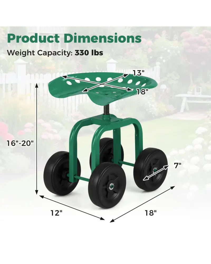 Garden Rolling Workseat with 360°Swivel Seat and Adjustable Height-Green - Green - Garden Carts