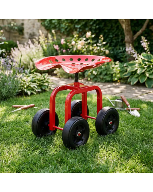 Garden Rolling Workseat with 360° Swivel Seat and Adjustable Height-Red - Red - Garden Carts