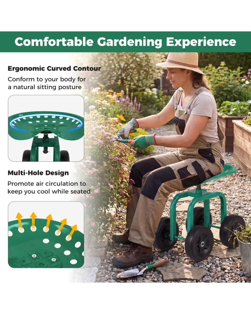 Garden Rolling Workseat with 360°Swivel Seat and Adjustable Height-Green - Green - Garden Carts