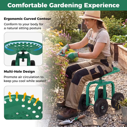 Garden Rolling Workseat with 360°Swivel Seat and Adjustable Height-Green - Green - Garden Carts