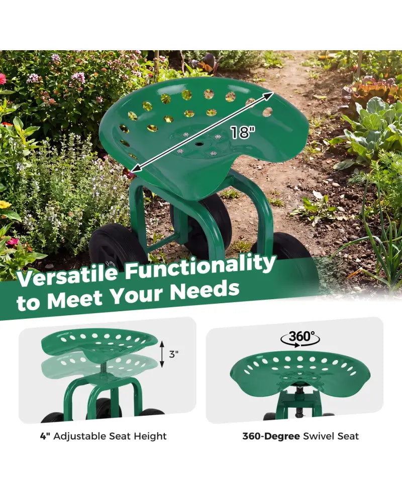 Garden Rolling Workseat with 360°Swivel Seat and Adjustable Height-Green - Green - Garden Carts