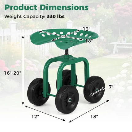 Garden Rolling Workseat with 360°Swivel Seat and Adjustable Height-Green - Green - Garden Carts