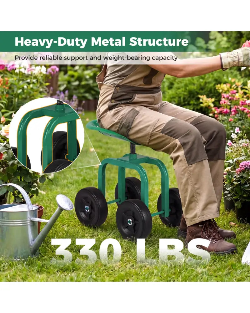 Garden Rolling Workseat with 360°Swivel Seat and Adjustable Height-Green - Green - Garden Carts