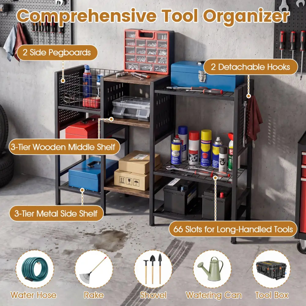 Garden Tool Organizer with Wooden Shelves for Garage and Shed-Black - Black - Sheds & Outdoor Storage
