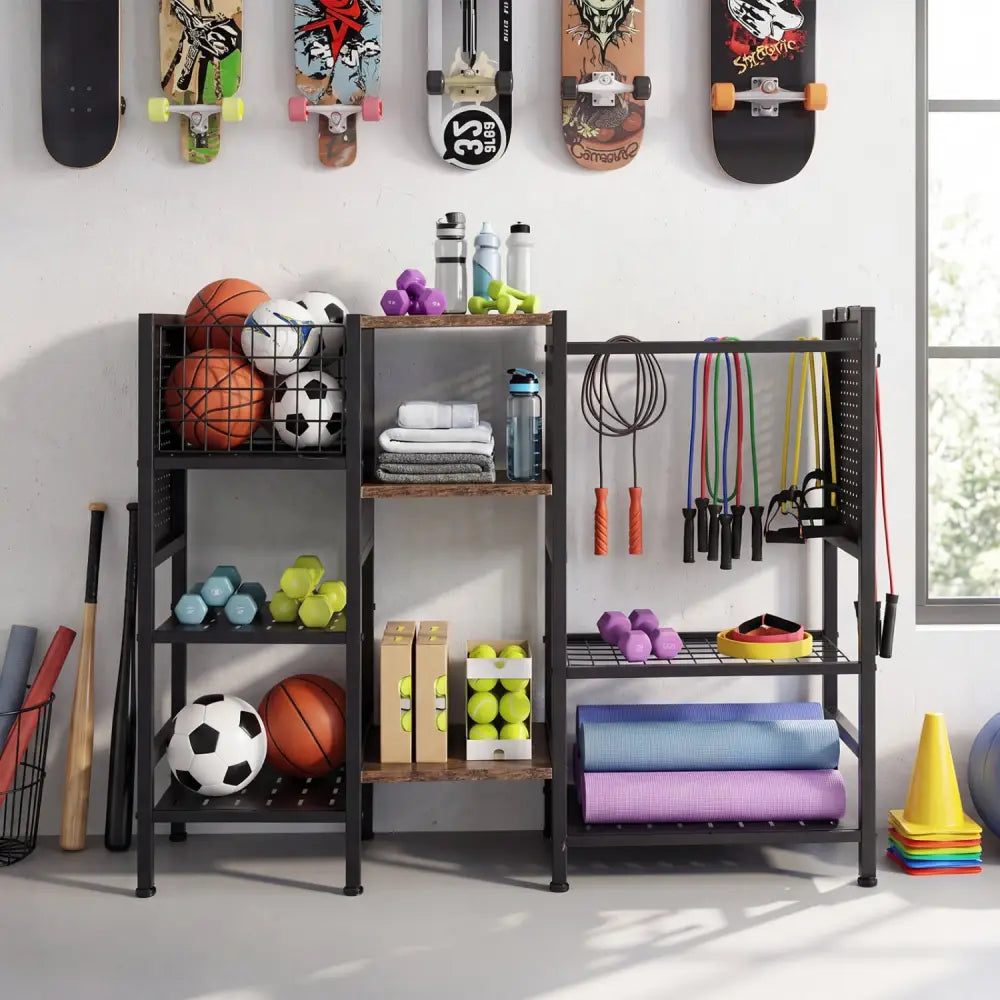 Garden Tool Organizer with Wooden Shelves for Garage and Shed-Black - Black - Sheds & Outdoor Storage
