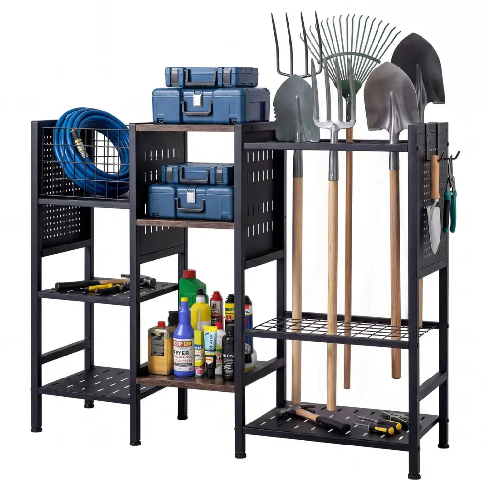 Garden Tool Organizer with Wooden Shelves for Garage and Shed-Black - Black - Sheds & Outdoor Storage