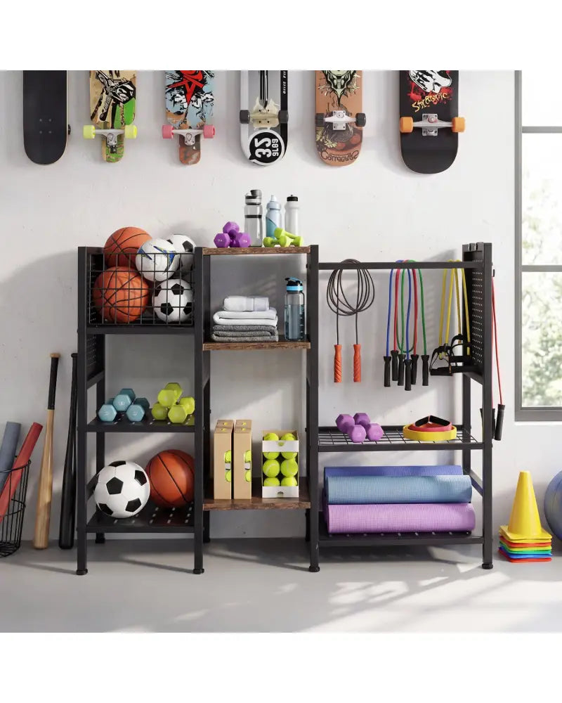 Garden Tool Organizer with Wooden Shelves for Garage and Shed-Black - Black - Sheds & Outdoor Storage
