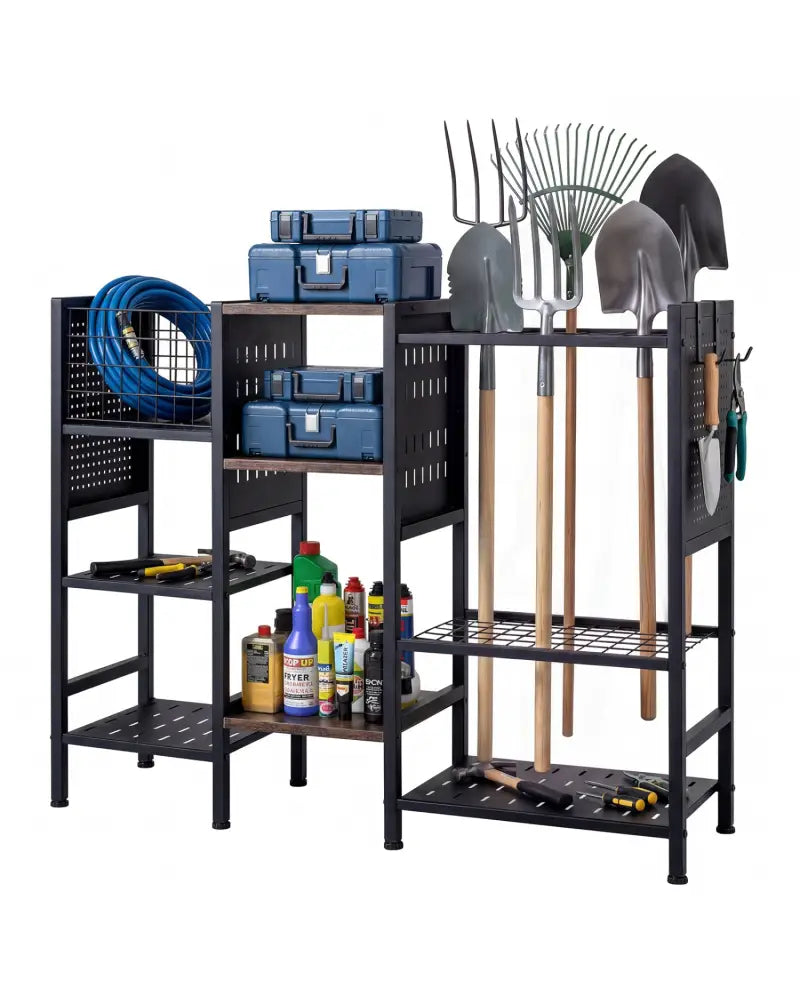 Garden Tool Organizer with Wooden Shelves for Garage and Shed-Black - Black - Sheds & Outdoor Storage