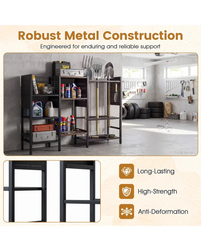 Garden Tool Organizer with Wooden Shelves for Garage and Shed-Black - Black - Sheds & Outdoor Storage