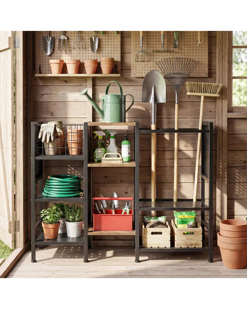 Garden Tool Organizer with Wooden Shelves for Garage and Shed-Black - Black - Sheds & Outdoor Storage