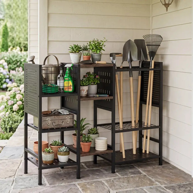 Garden Tool Organizer with Wooden Shelves for Garage and Shed-Black - Black - Sheds & Outdoor Storage