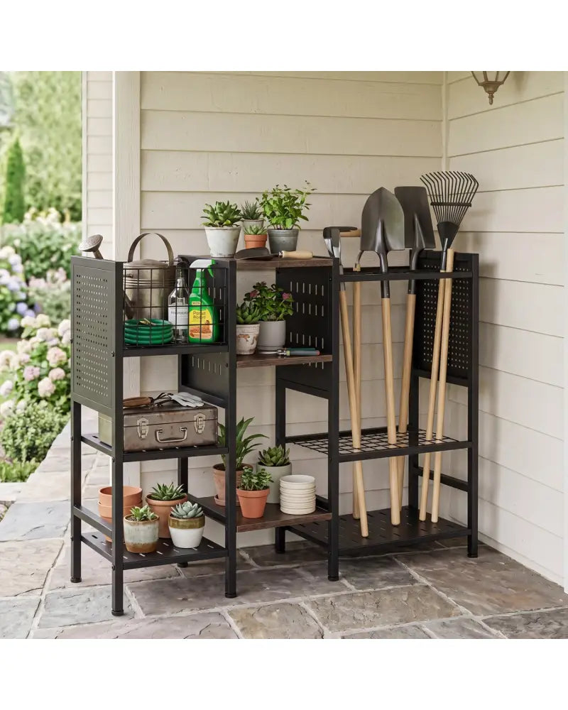 Garden Tool Organizer with Wooden Shelves for Garage and Shed-Black - Black - Sheds & Outdoor Storage