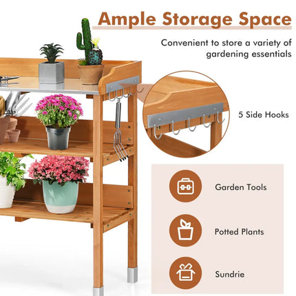 Garden Wooden Potting Bench Work Station with Hook - Brown - Potting Benches & Tables