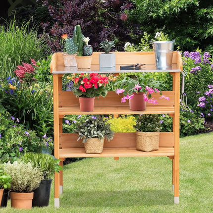 Garden Wooden Potting Bench Work Station with Hook - Brown - Potting Benches & Tables