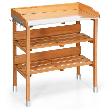 Garden Wooden Potting Bench Work Station with Hook - Brown - Potting Benches & Tables