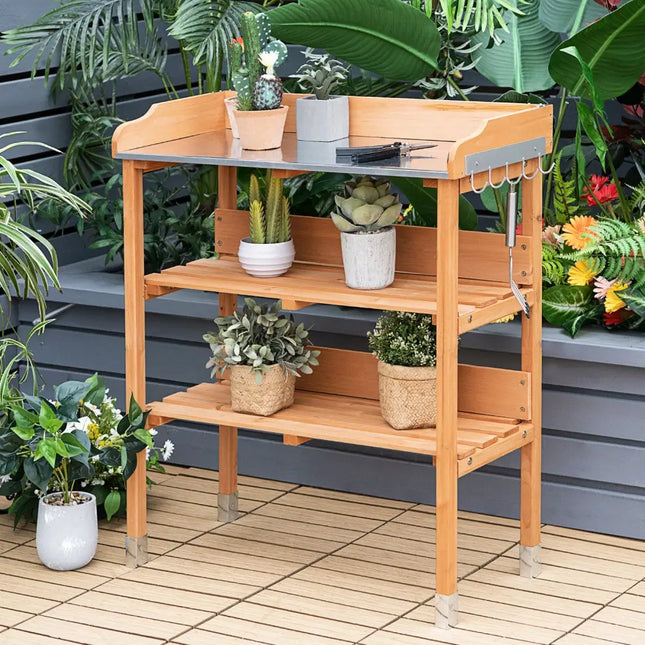 Garden Wooden Potting Bench Work Station with Hook - Brown - Potting Benches & Tables