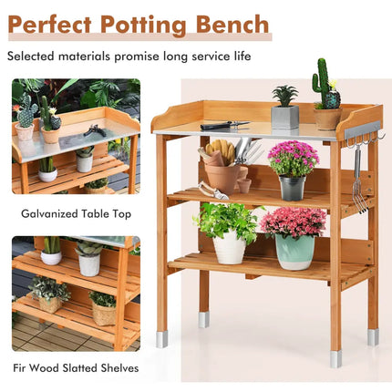 Garden Wooden Potting Bench Work Station with Hook - Brown - Potting Benches & Tables