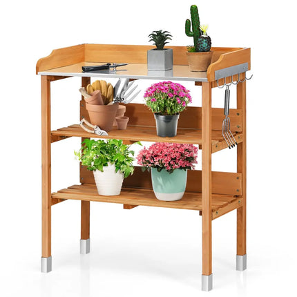 Garden Wooden Potting Bench Work Station with Hook - Brown - Potting Benches & Tables