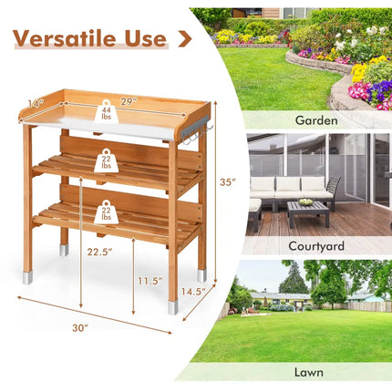 Garden Wooden Potting Bench Work Station with Hook - Brown - Potting Benches & Tables