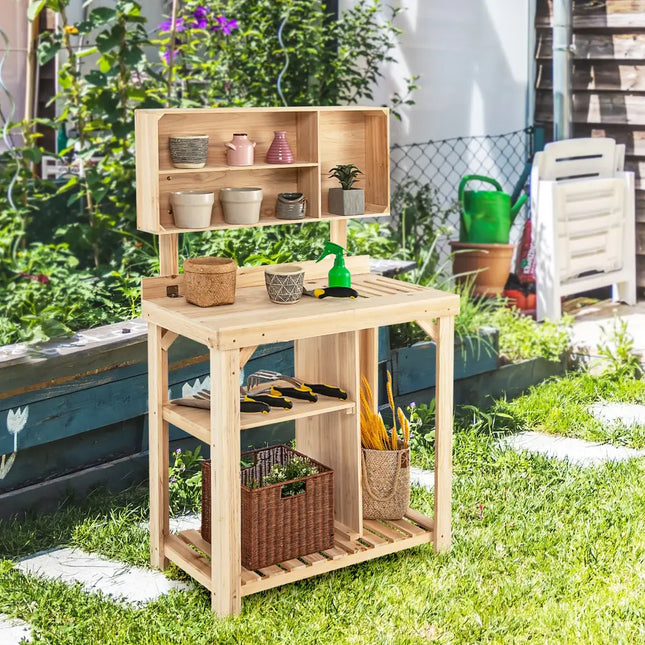 Garden Wooden Potting Table Workstation with Storage Shelf - Natural - Potting Benches & Tables