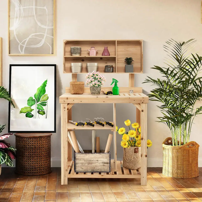 Garden Wooden Potting Table Workstation with Storage Shelf - Natural - Potting Benches & Tables