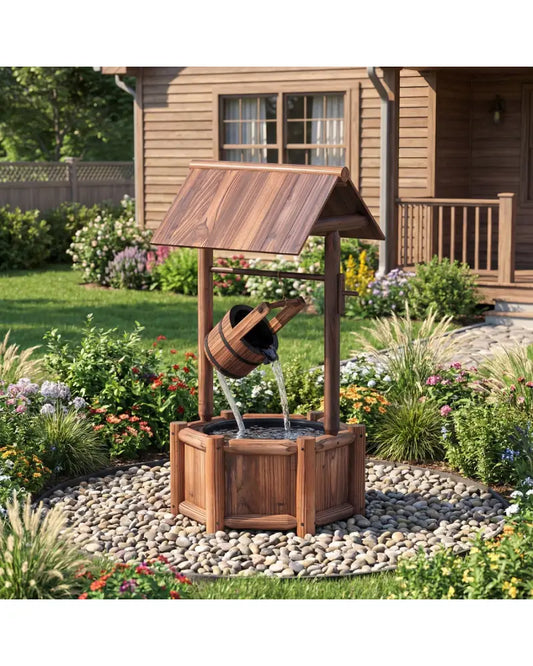 Garden Wooden Wishing Water Fountain with Pump - Brown - Outdoor Water Fountains